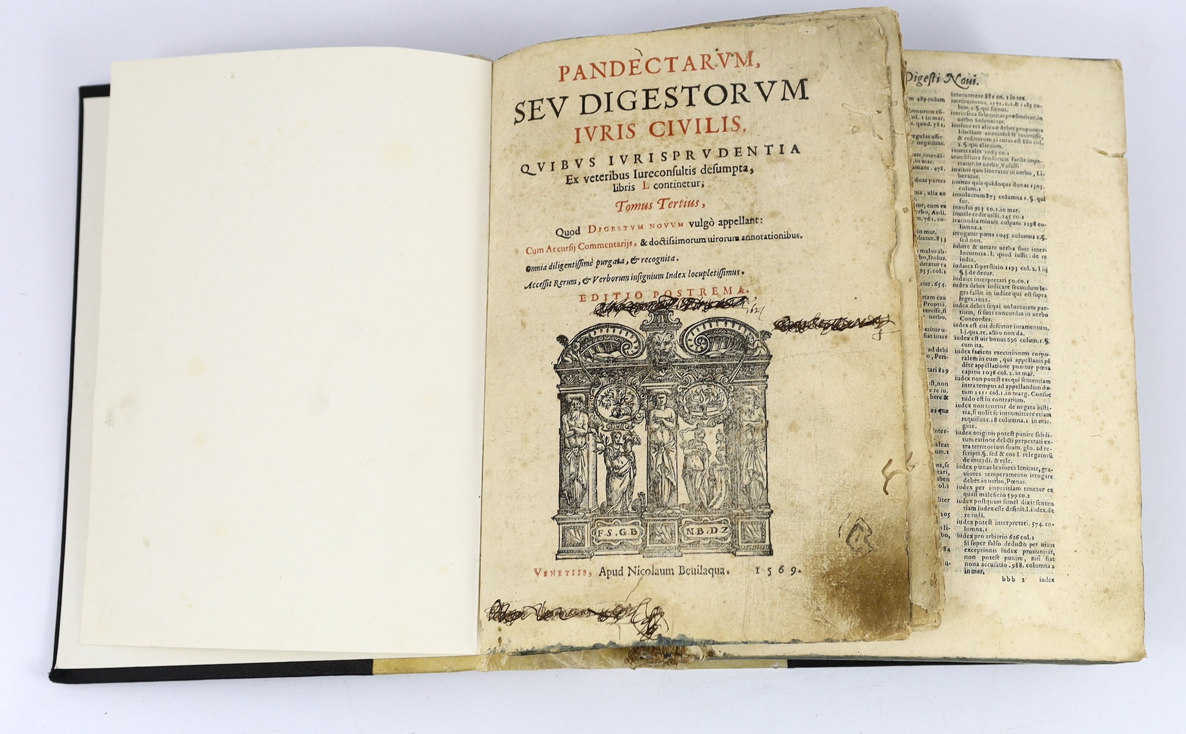 [Justinian I] - Pandectarum, sev. Digestorum Ivris Civilis, quibus Ivrisprudentia ... Vomus Vertius (only, of 4), editio postrema. folded pictorial table; (88), 1326pp.; old jap vellum-backed cloth, thick roy. 8vo. Venic